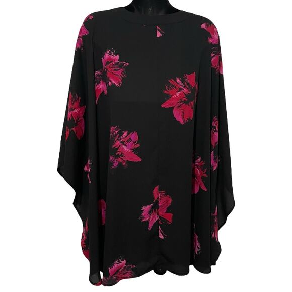 Catherines Womens Plus 2X/3X Black Red Floral Poncho Tunic Top Laced Up Neck - Picture 2 of 9